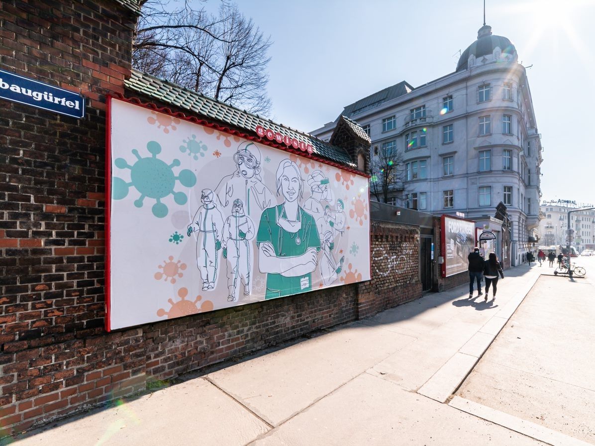 Mit dem in Wien veröffentlichten Plakat soll dem Gesundheitspersonal gedankt werden. Mit dem in Wien veröffentlichten Plakat soll dem Gesundheitspersonal gedankt werden.