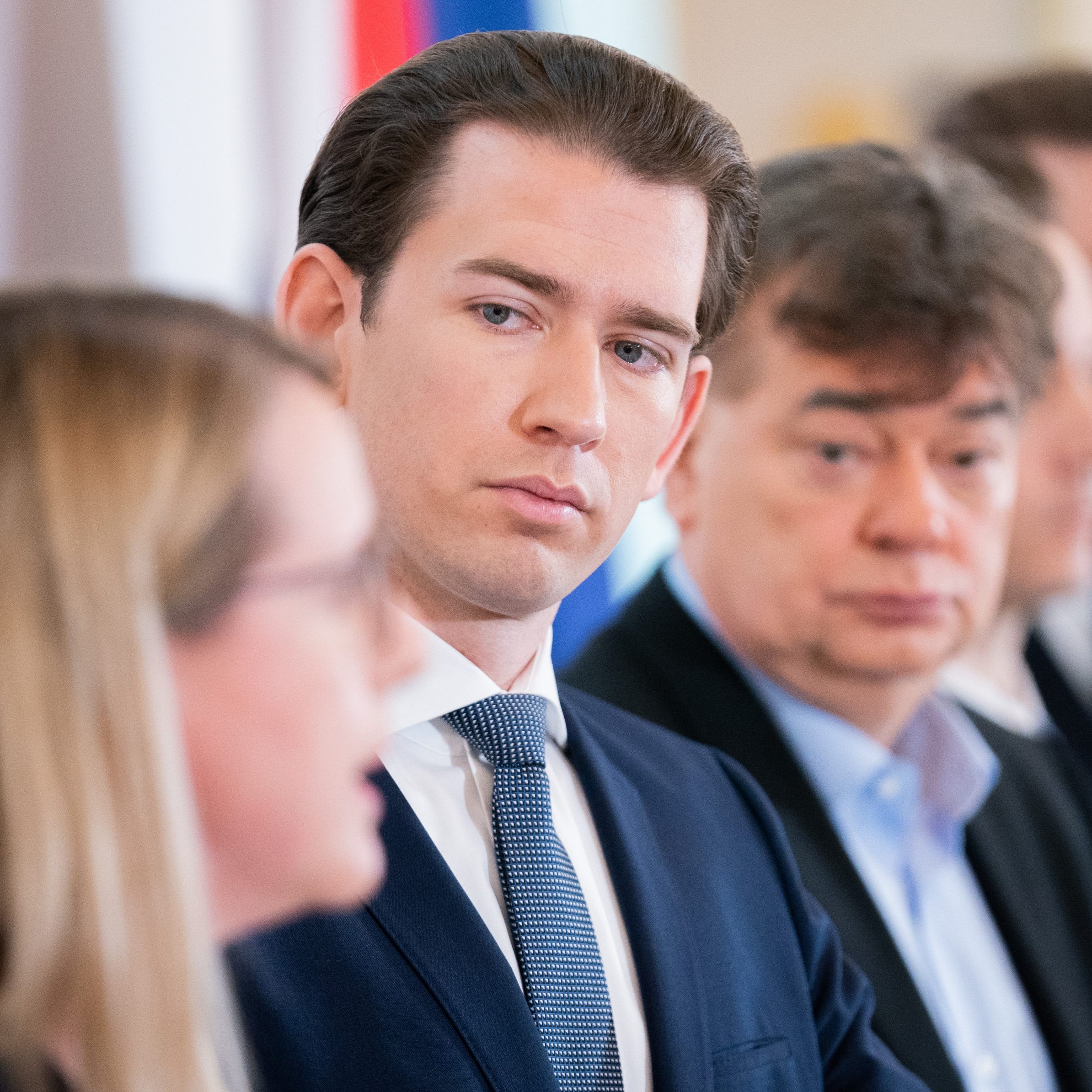 Pressekonferenz mit Kurz, Kogler und Schramböck.