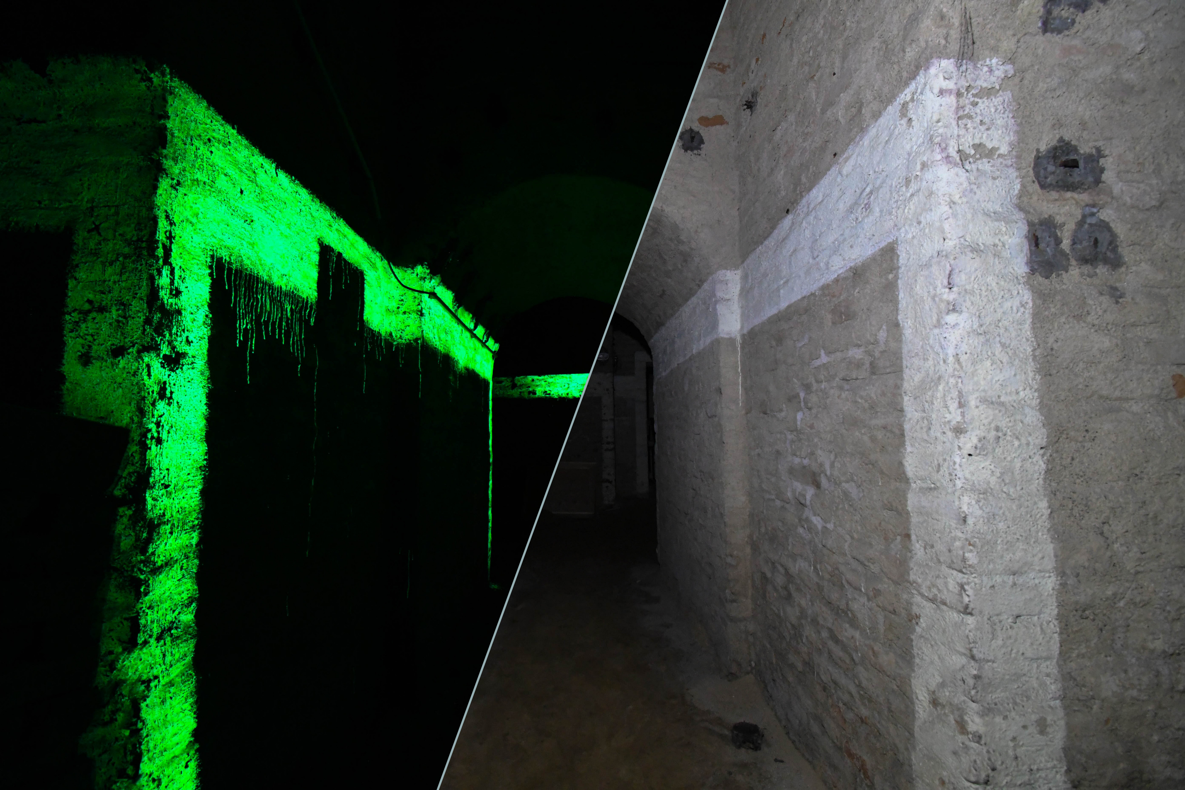 Vergleich Licht und Dunkelheit: Die Leuchtfarbe in den Luftschutzkellern strahlt immer noch. Vergleich Licht und Dunkelheit: Die Leuchtfarbe in den Luftschutzkellern strahlt immer noch.