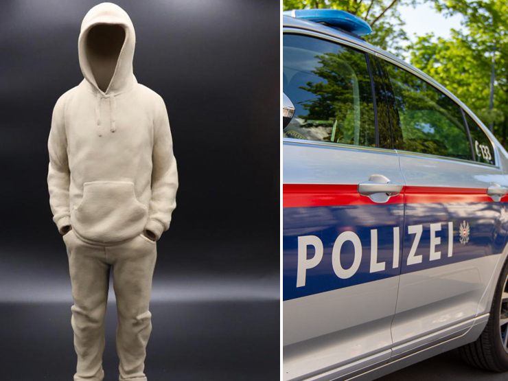 Die Wiener Polizei fahndet nach der "Kapuzenmann"-Skulptur von Erwin Wurm. Die Wiener Polizei fahndet nach der "Kapuzenmann"-Skulptur von Erwin Wurm.