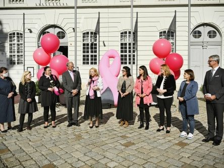 Das Anbringen der "Pink Ribbon" am Parlament in Wien ist der Startschuss für die Aktion im Jahr 2021. Das Anbringen der "Pink Ribbon" am Parlament in Wien ist der Startschuss für die Aktion im Jahr 2021.