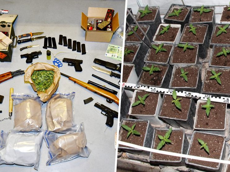 Bei Hausdurchsuchungen wurden unter anderem diverse Waffen, Suchtmittel und Bargeld sichergestellt.