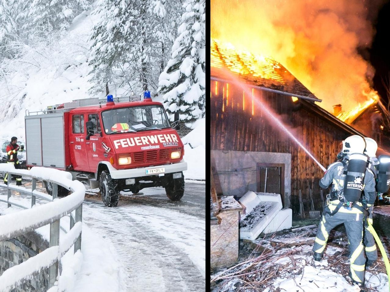 Auf dem Bild zu sehen: Dachstuhlbrand in Feldkirch-Gisingen (14.2.2021), Technsicher Einsatz der Feuerwehr Laterns (16.3.2021) und der Brand eines Stallgebäudes in Rankweil (3.10.2021).