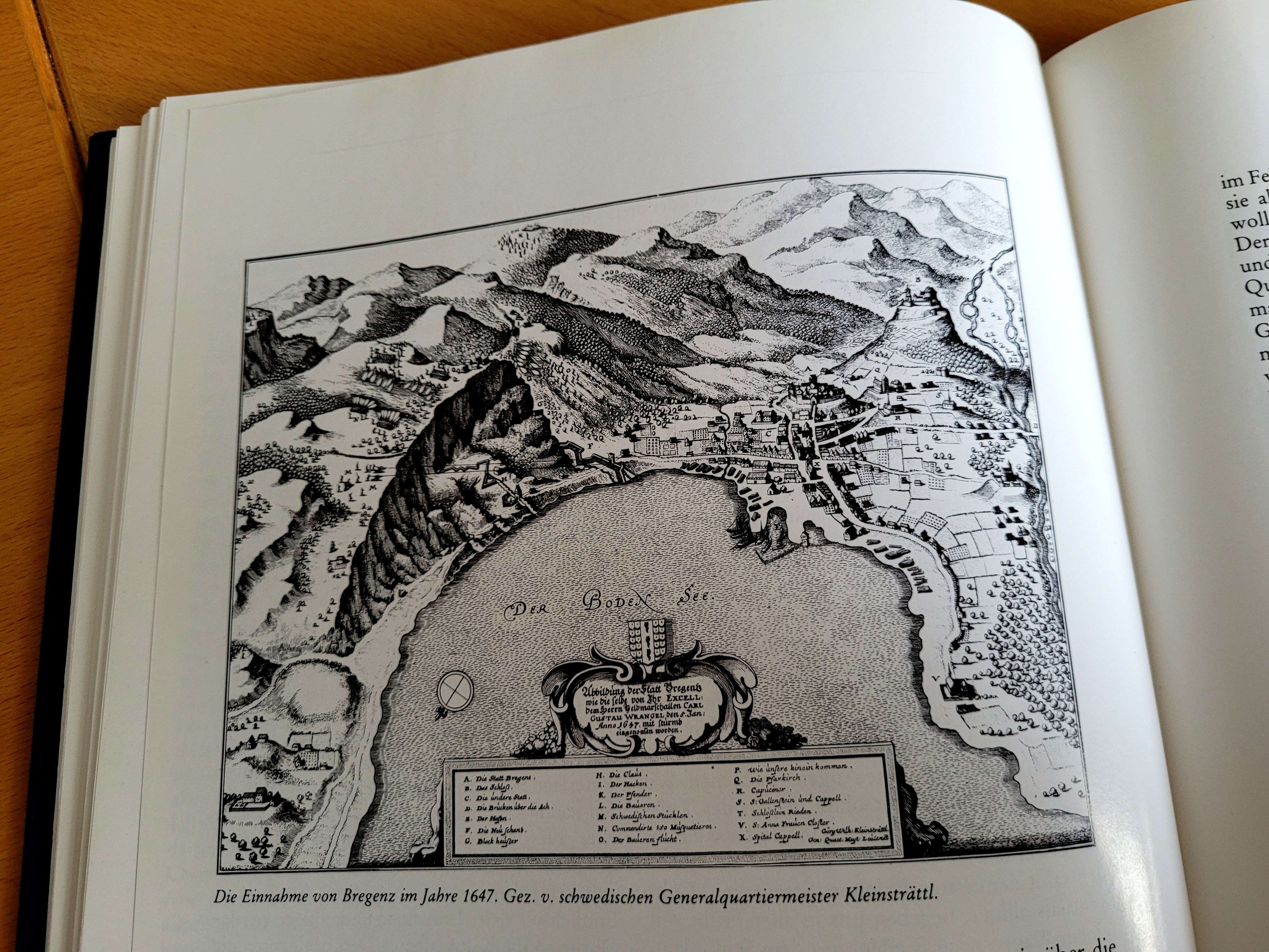 Einnahme der Stadt Bregenz durch Feldmarschall Carl Gustav Wrangel im 30-jährigen Krieg am 4. Jänner 1647, mit den skizzierten Verteidigungsanlagen an der Klause, am Besenreis, am Haggen und am Pfänder. Einnahme der Stadt Bregenz durch Feldmarschall Carl Gustav Wrangel im 30-jährigen Krieg am 4. Jänner 1647, mit den skizzierten Verteidigungsanlagen an der Klause, am Besenreis, am Haggen und am Pfänder.