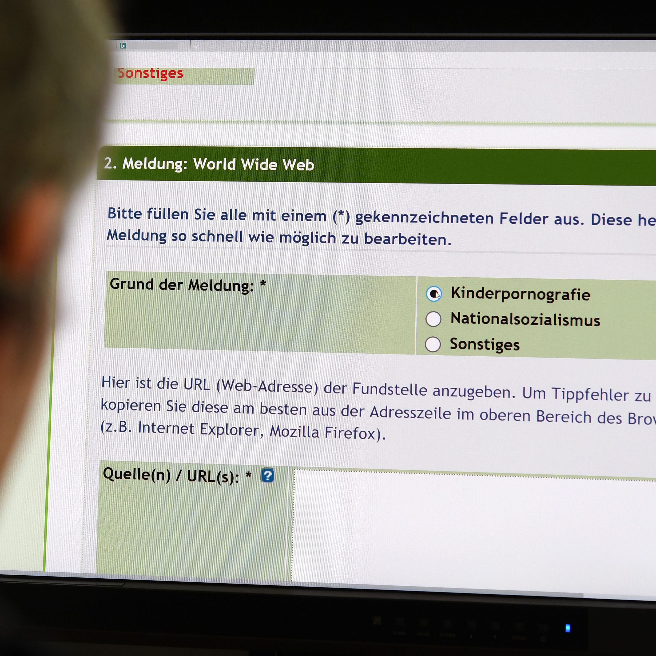 Ein Mann meldet auf der Seite "stopline.at" eine im Netz gefundene Seite mit Kinderpornografie.