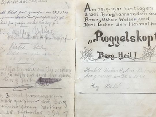 Zwei Seiten aus dem Gipfelbuch des Roggelskopfs aus dem Jahr 1940 Zwei Seiten aus dem Gipfelbuch des Roggelskopfs aus dem Jahr 1940
