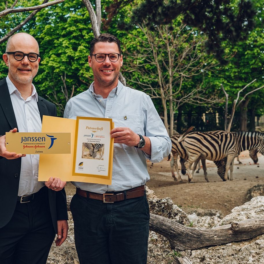 Patenschaft für seltene Zebras: v.l.n.r.: Christoph Slupetzky, Patient Engagement and Advocacy Lead von Janssen Austria, und Stephan Hering-Hagenbeck, Direktor des Tiergarten Schönbrunn