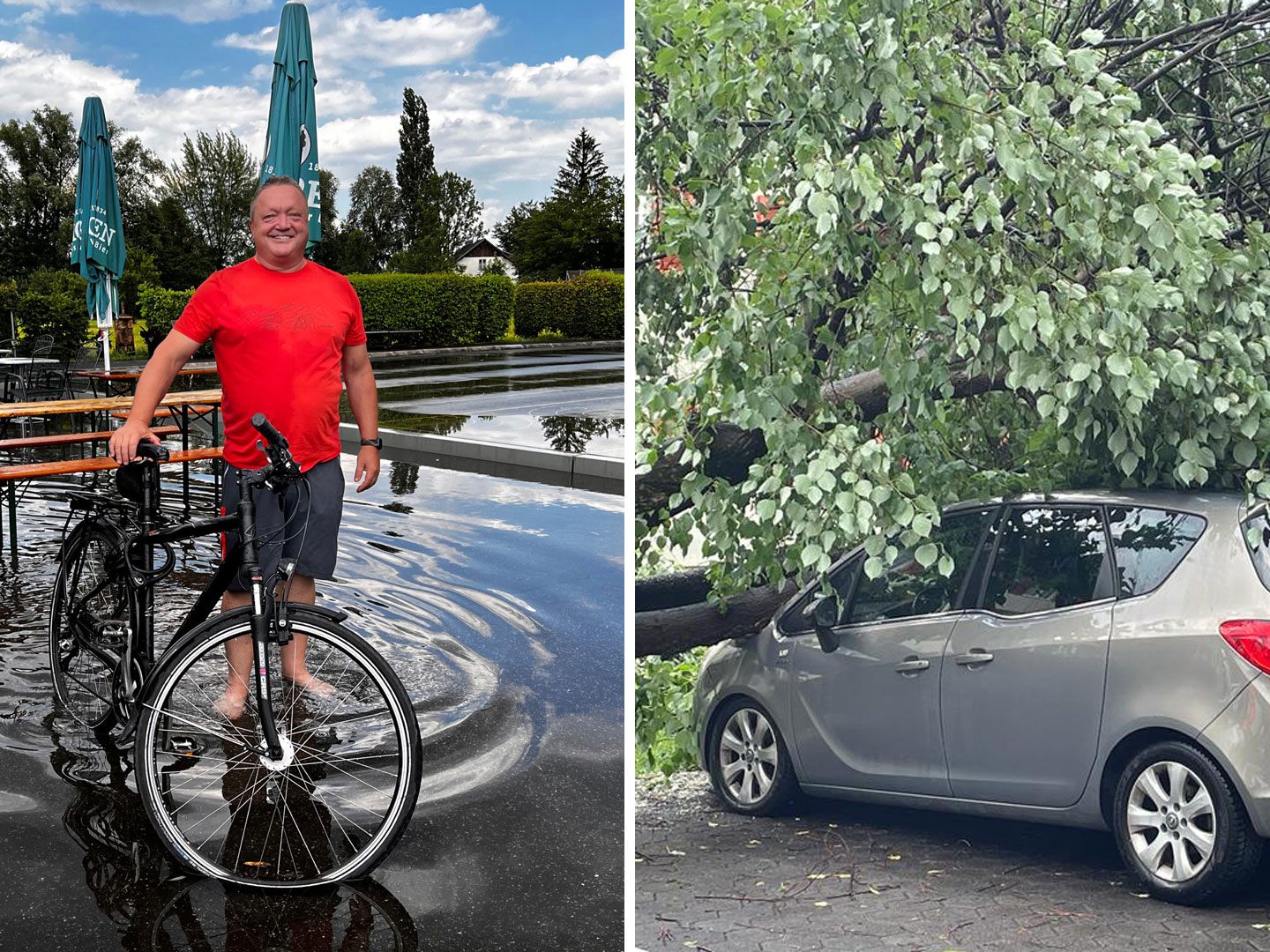links: Walter mit seinem Rad auf dem überfluteten Platz beim ESC Bregenz; rechts: ein Baum stürzte auf ein Auto, es wurde niemand verletzt links: Walter mit seinem Rad auf dem überfluteten Platz beim ESC Bregenz; rechts: ein Baum stürzte auf ein Auto, es wurde niemand verletzt