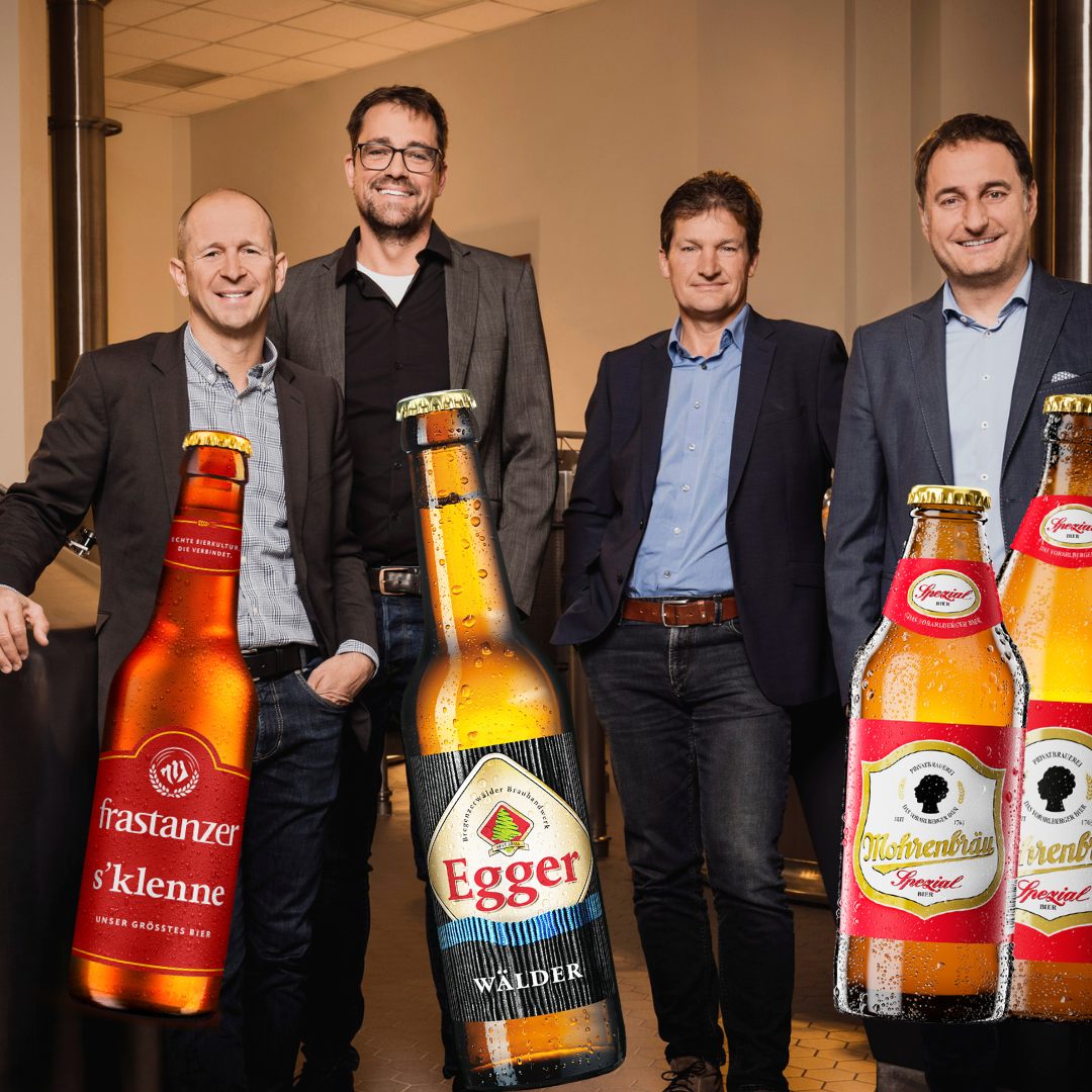 Kurt Michelini, Geschäftsführer der Brauerei Frastanz, Lukas Dorner, Geschäftsführer Brauerei Egg, sowie die Geschäftsführer der Mohrenbrauerei Heinz Huber und Thomas Pachole.