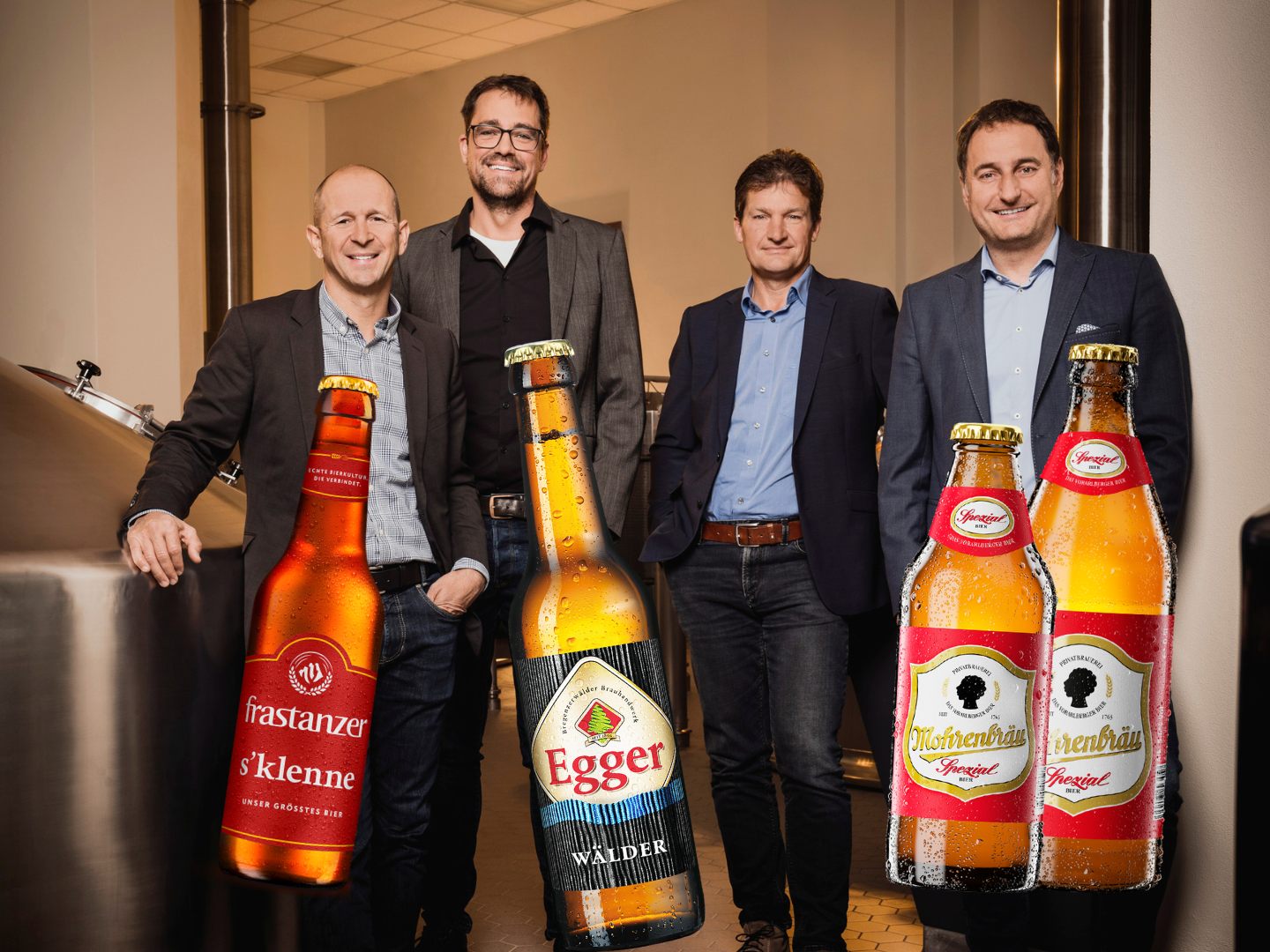 Kurt Michelini, Geschäftsführer der Brauerei Frastanz, Lukas Dorner, Geschäftsführer Brauerei Egg, sowie die Geschäftsführer der Mohrenbrauerei Heinz Huber und Thomas Pachole.