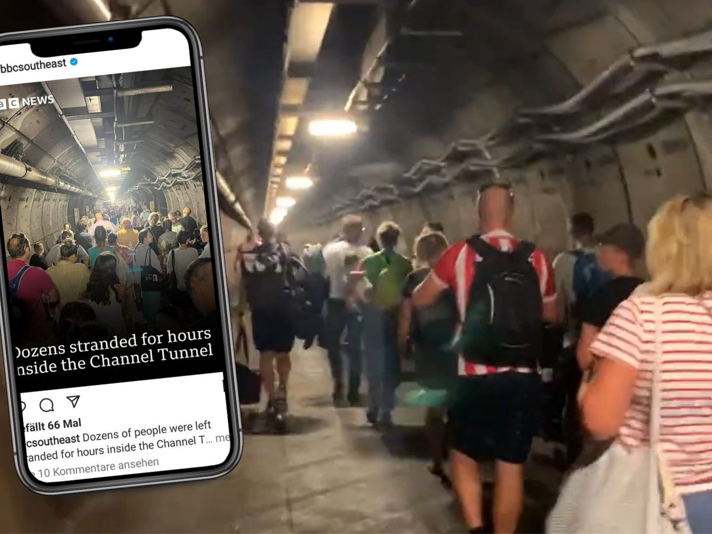 Auf einem Video in sozialen Medien sind Menschen zu sehen, die teils mit Gepäck und Hunden offenbar durch einen dunklen Wartungstunnel gehen.