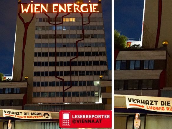 Ein Vienna.at-Leserreporter beobachtete, wei Vermummte auf das Dach der Wien Energie kletterten und ein Banner hissten.
