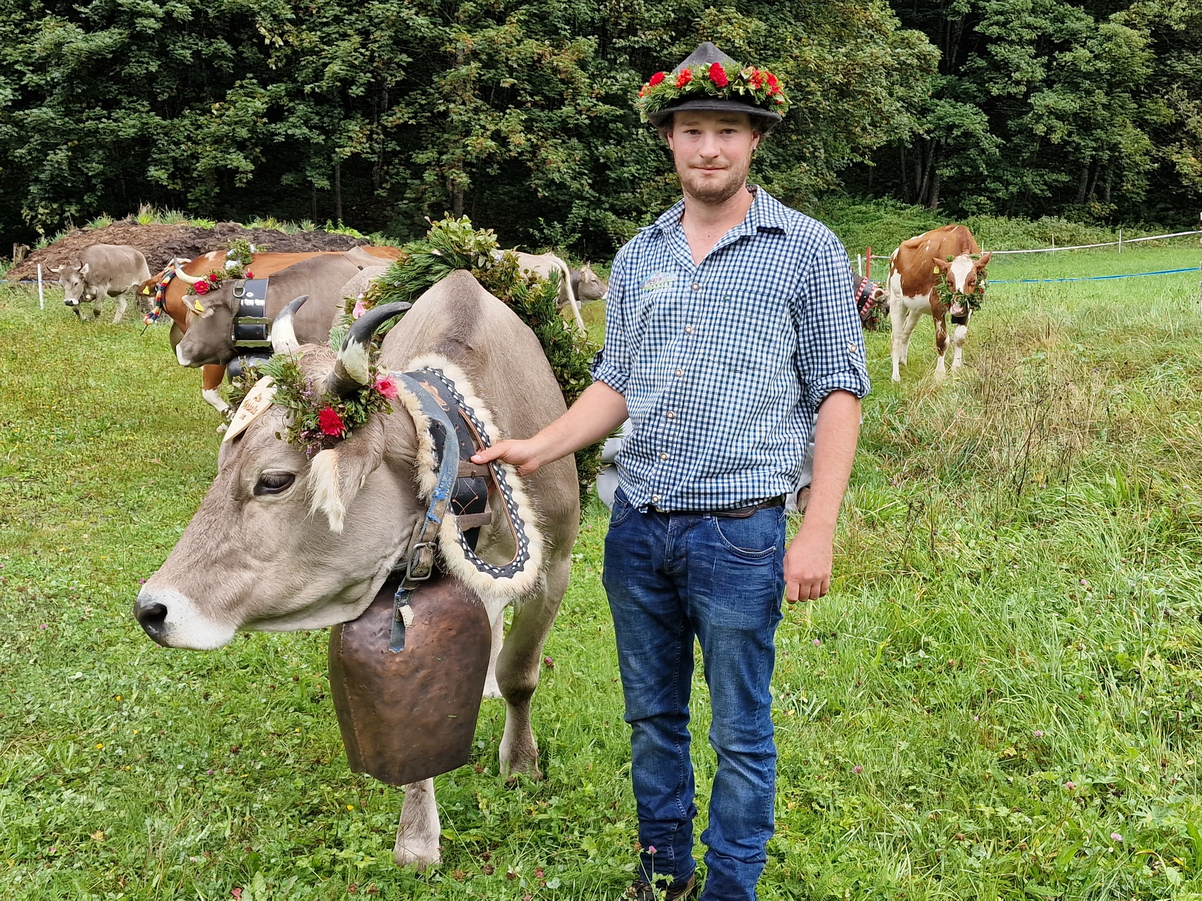 Haupt-Senn Lucas Tschofen ist stolz auf die brave Braunviehkuh Sissi, die „Milchstöfleri“ des heurigen Sommers.