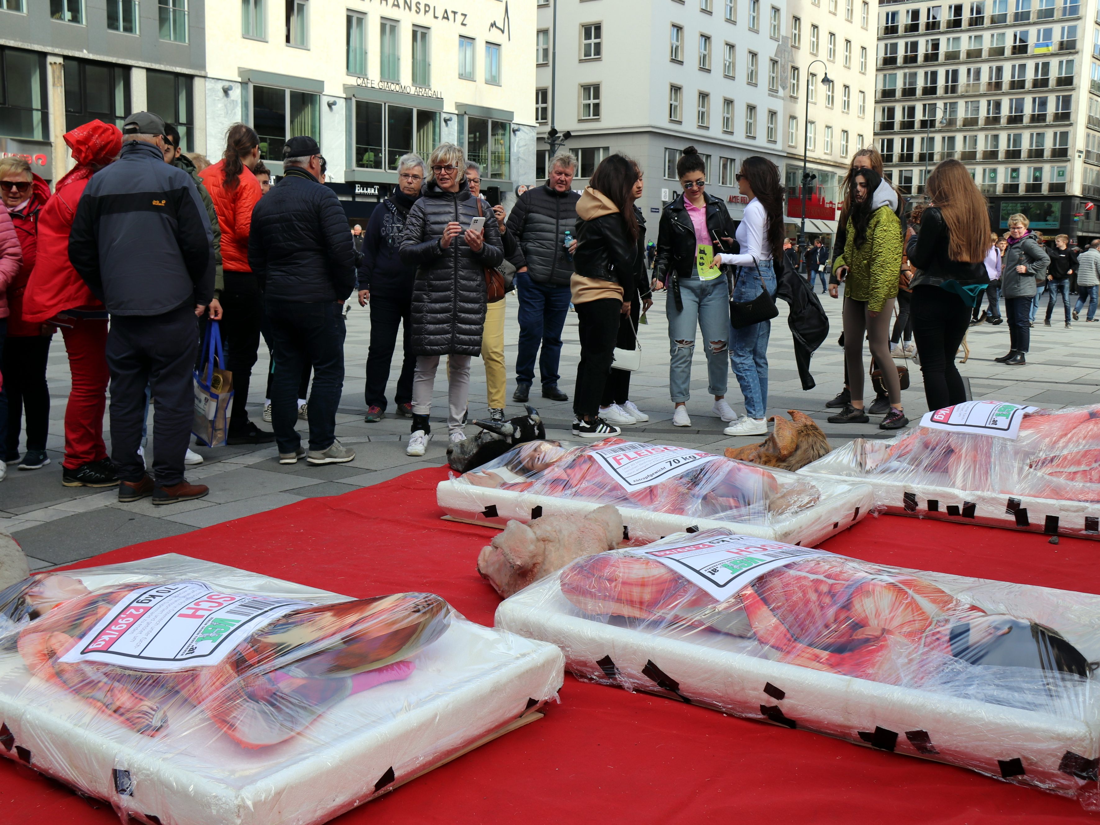 Der VGT stellte am Wiener Stephansplatz Menschen in Fleischtaschen aus. Der VGT stellte am Wiener Stephansplatz Menschen in Fleischtaschen aus.