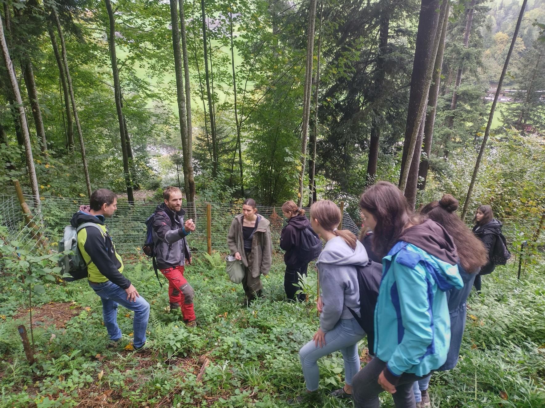Interessiert folgen die Schülerinnen und Schüler den Ausführungen von Waldaufseher Rafael Fetz. Interessiert folgen die Schülerinnen und Schüler den Ausführungen von Waldaufseher Rafael Fetz.