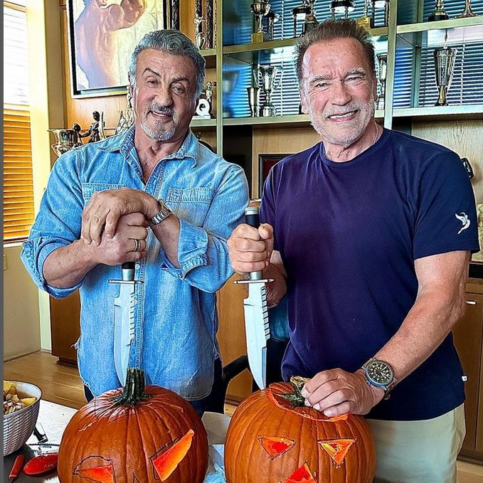 Die Action-Stars Arnold Schwarzenegger und Sylvester Stallone schnitzen Kürbisse und wünschten ihen Fans auf Instagram Happy Halloween.