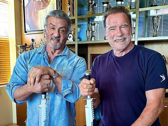Die Action-Stars Arnold Schwarzenegger und Sylvester Stallone schnitzen Kürbisse und wünschten ihen Fans auf Instagram Happy Halloween. Die Action-Stars Arnold Schwarzenegger und Sylvester Stallone schnitzen Kürbisse und wünschten ihen Fans auf Instagram Happy Halloween.