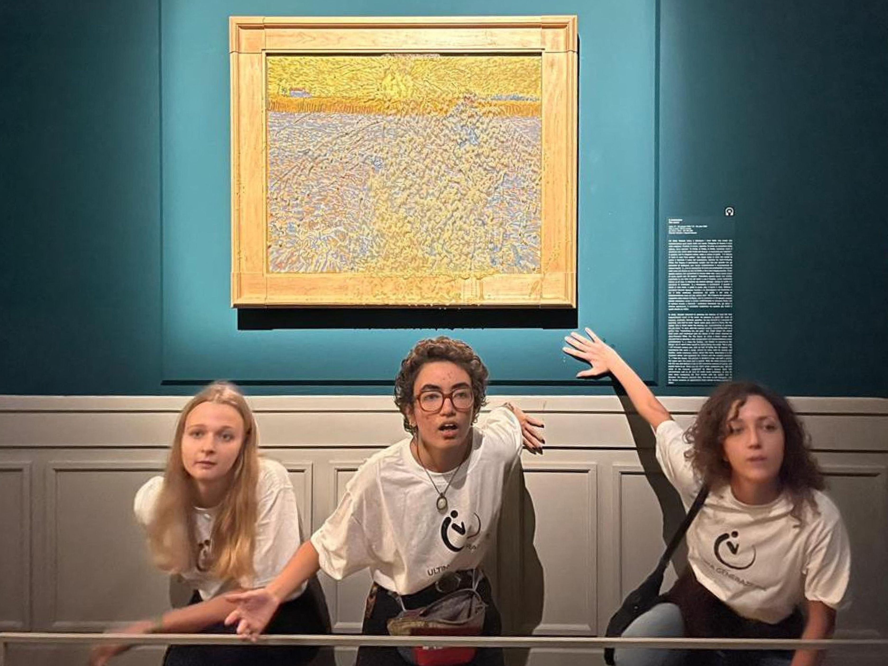 Vier italienische Klima-Aktivisten wurden angezeigt, weil sie ein Van Gogh-Gemälde mit Erbsensuppe überschüttet haben. Vier italienische Klima-Aktivisten wurden angezeigt, weil sie ein Van Gogh-Gemälde mit Erbsensuppe überschüttet haben.