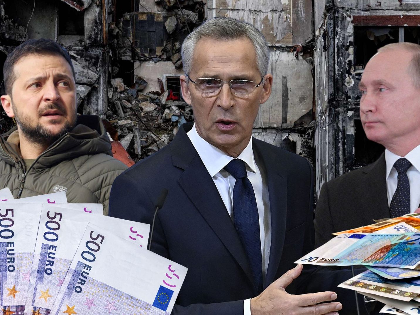 Wolodimir Selenskyj, Jens Stoltenberg, Wladimir Putin. Wolodimir Selenskyj, Jens Stoltenberg, Wladimir Putin.