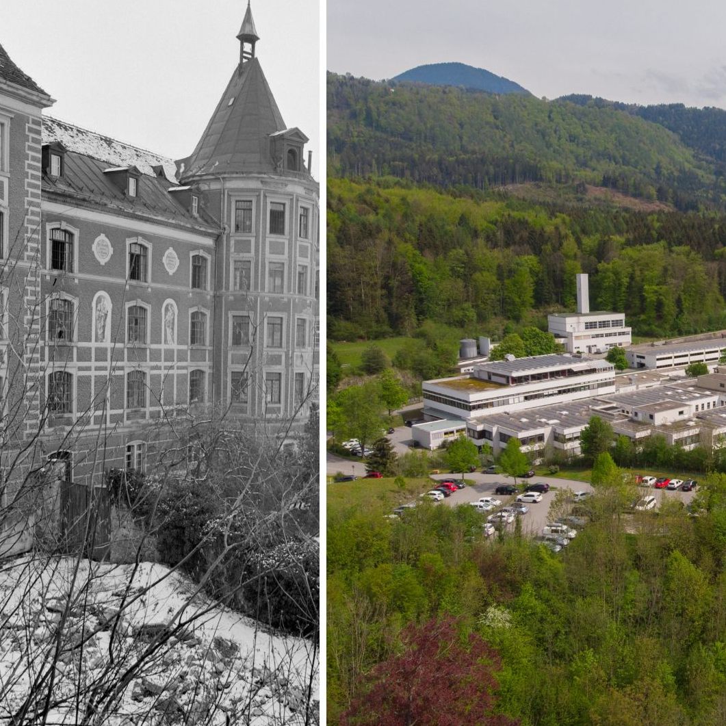 Links die "Wohltätigkeitesanstalt", rechts das heutige Landeskrankenhaus Rankweil.