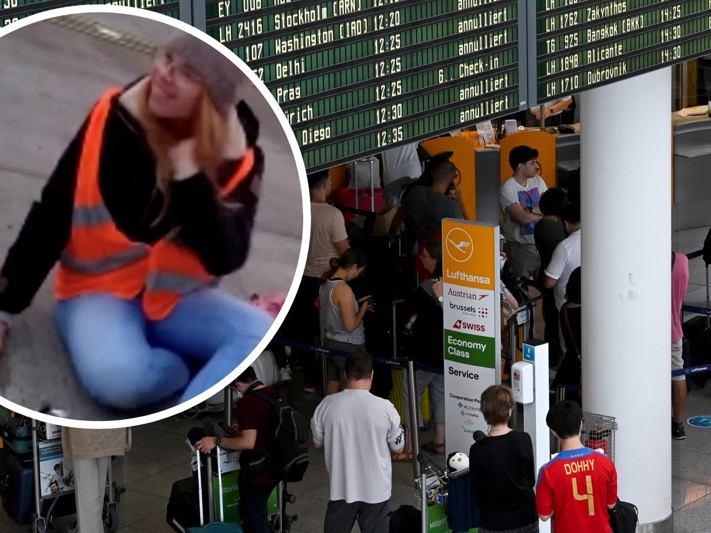 Aktivisten kleben sich wiederholt fest (kleines Bild: Flughafen Berlin Ende November) - diesmal auch am Münchner Flughafen.