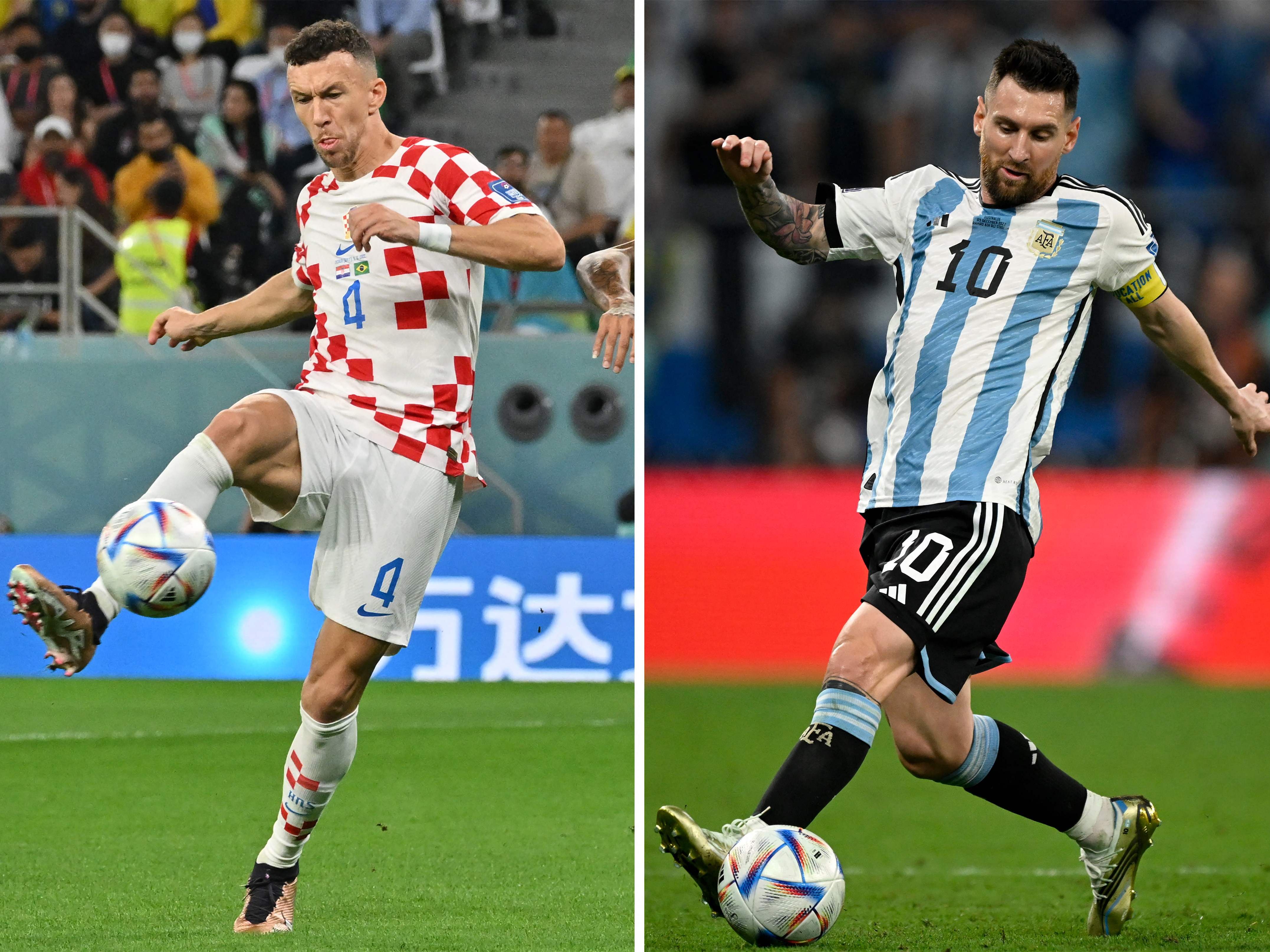 Mit Sicherheit zwei Schlüsselspieler im ersten WM Halbfinale: Kroatiens Ivan Perisic (l.) und Lionel MEssi (r.) auf Seiten der Argentinier.