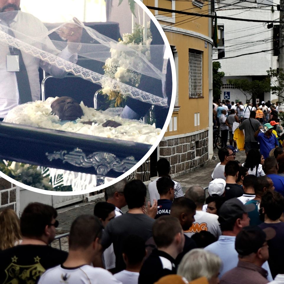 Leichnam der Fußball-Legende Pelé (kleines Bild) seit Montag für 24 Stunden im Estádio Urbano Caldeira des FC Santos aufgebahrt.