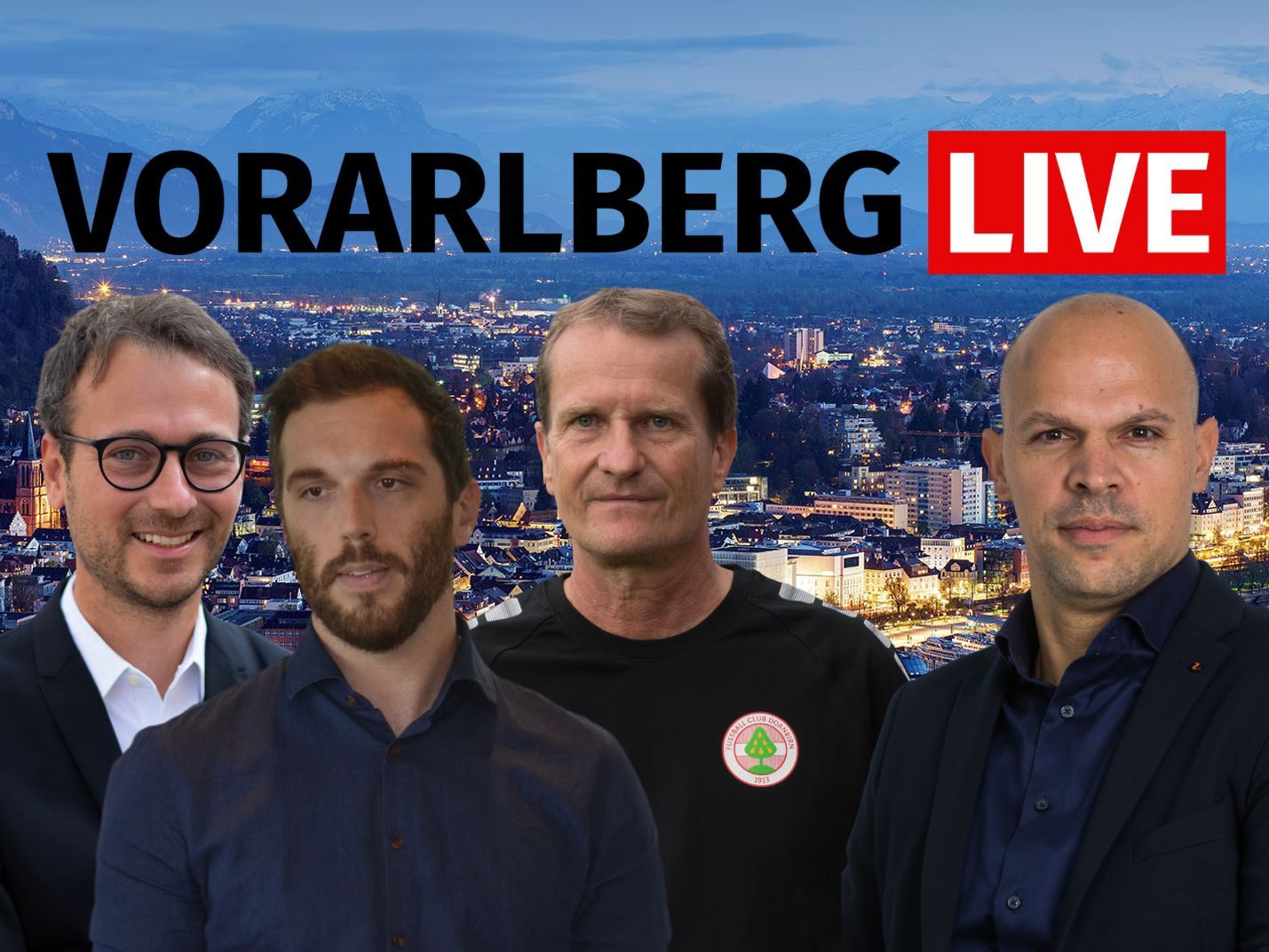 Am Donnerstag bei Moderator Thomas Flax zu Gast in "Vorarlberg LIVE": FC Dornbirn-Trainer Thomas Janeschitz, Landesrat Daniel Zadra und Dorfelektriker Pascal Madlener.