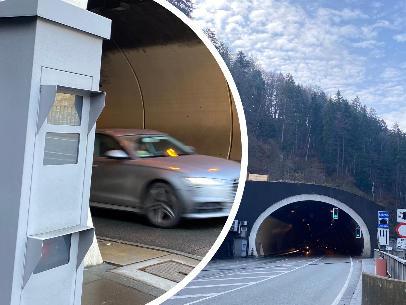 Beidseitiger Blitzer und Temporeduktion beim Achraintunnel-Portal. Beidseitiger Blitzer und Temporeduktion beim Achraintunnel-Portal.