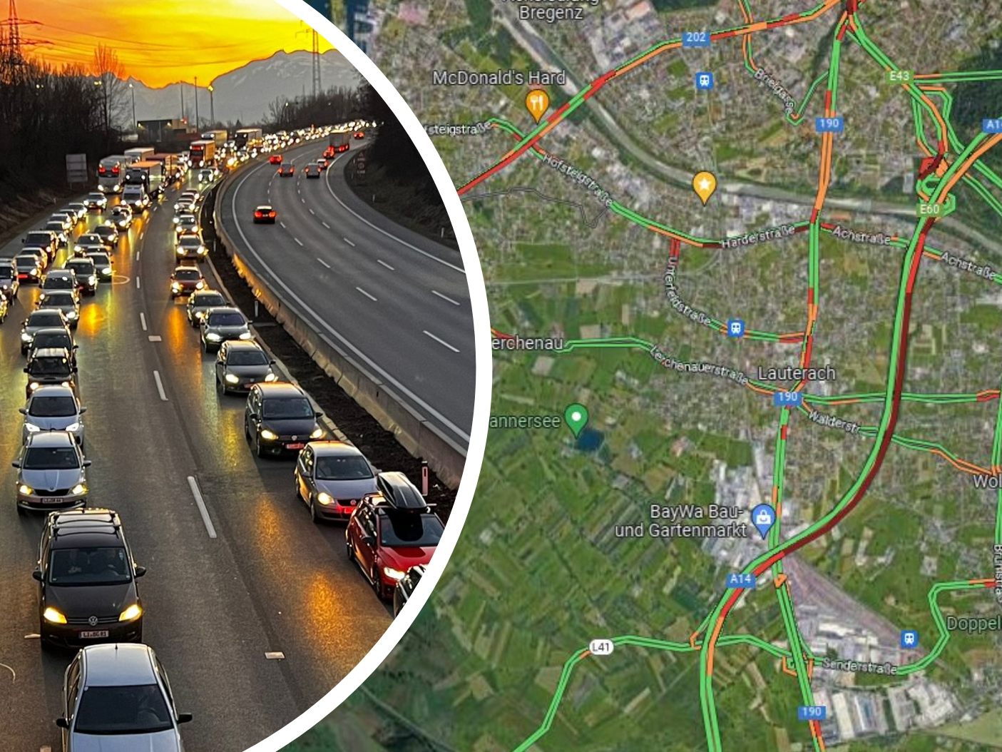 Im Feierabendverkehr bildete sich rasch markanter Rückstau nach dem Unfall im Pfändertunnel.