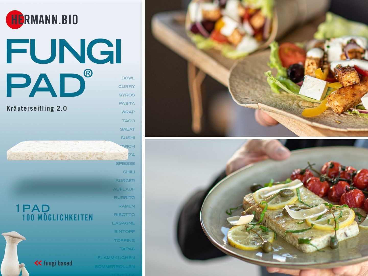 Neuheit unter den Fleischalternativen und vielseitig einsetzbar: das Fungi Pad von HERMANN.BIO.