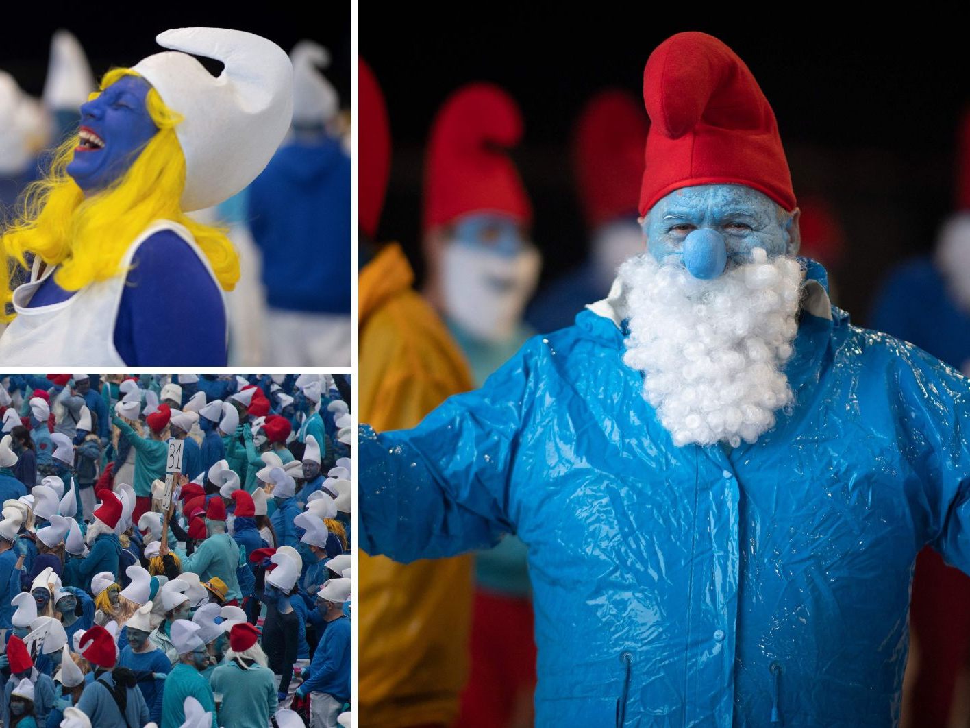 In Landerneau haben sich Tausende blau bemalte Menschen mit weißen und roten Mützen versammelt, um den Weltrekord für das größte Schlumpftreffen zu knacken.