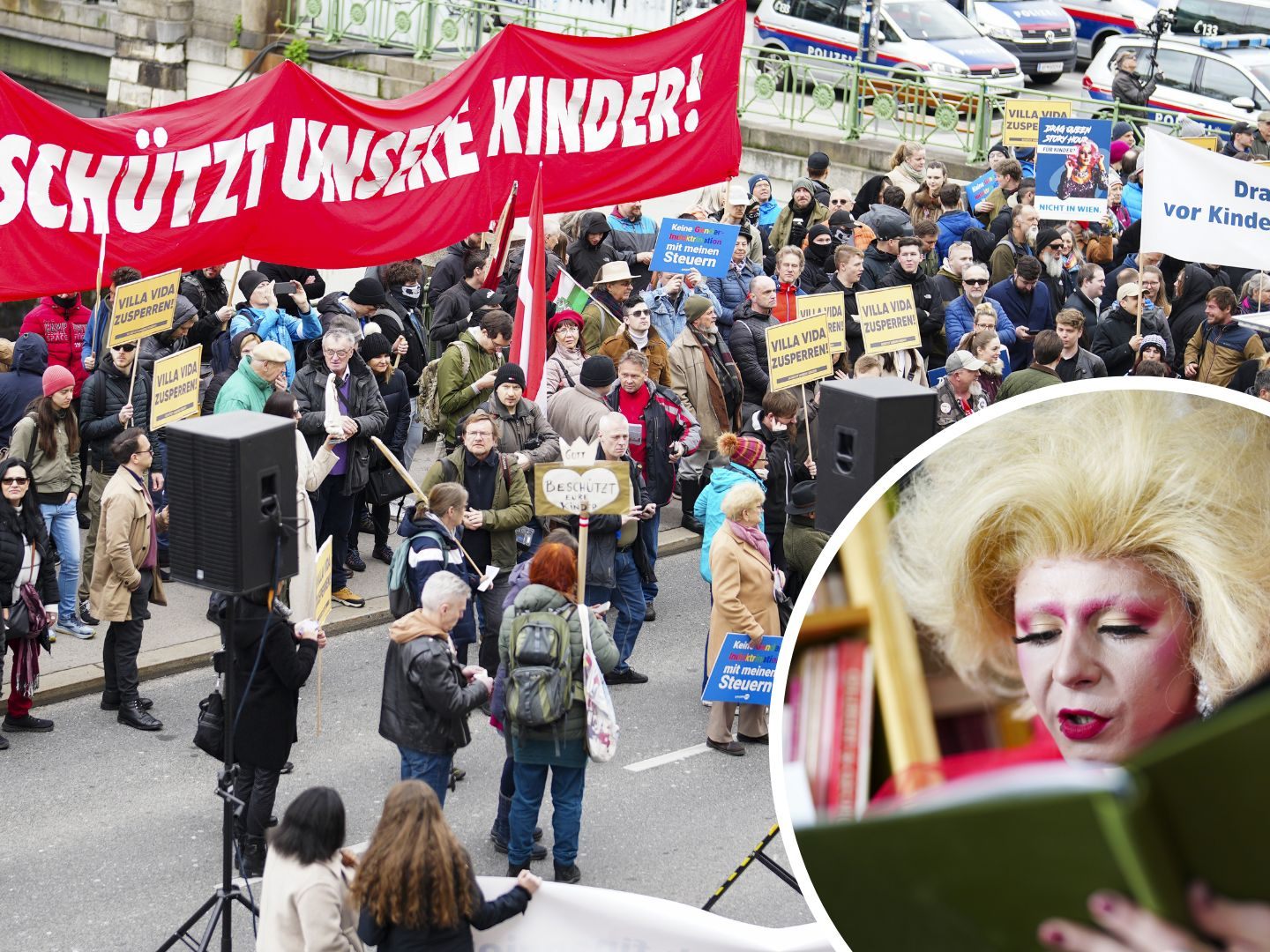 Rund 100 Demonstranten protestierten vor der Türkis Rosa Lila Villa in Wien gegen die Drag-Queen-Lesung. Rund 100 Demonstranten protestierten vor der Türkis Rosa Lila Villa in Wien gegen die Drag-Queen-Lesung.