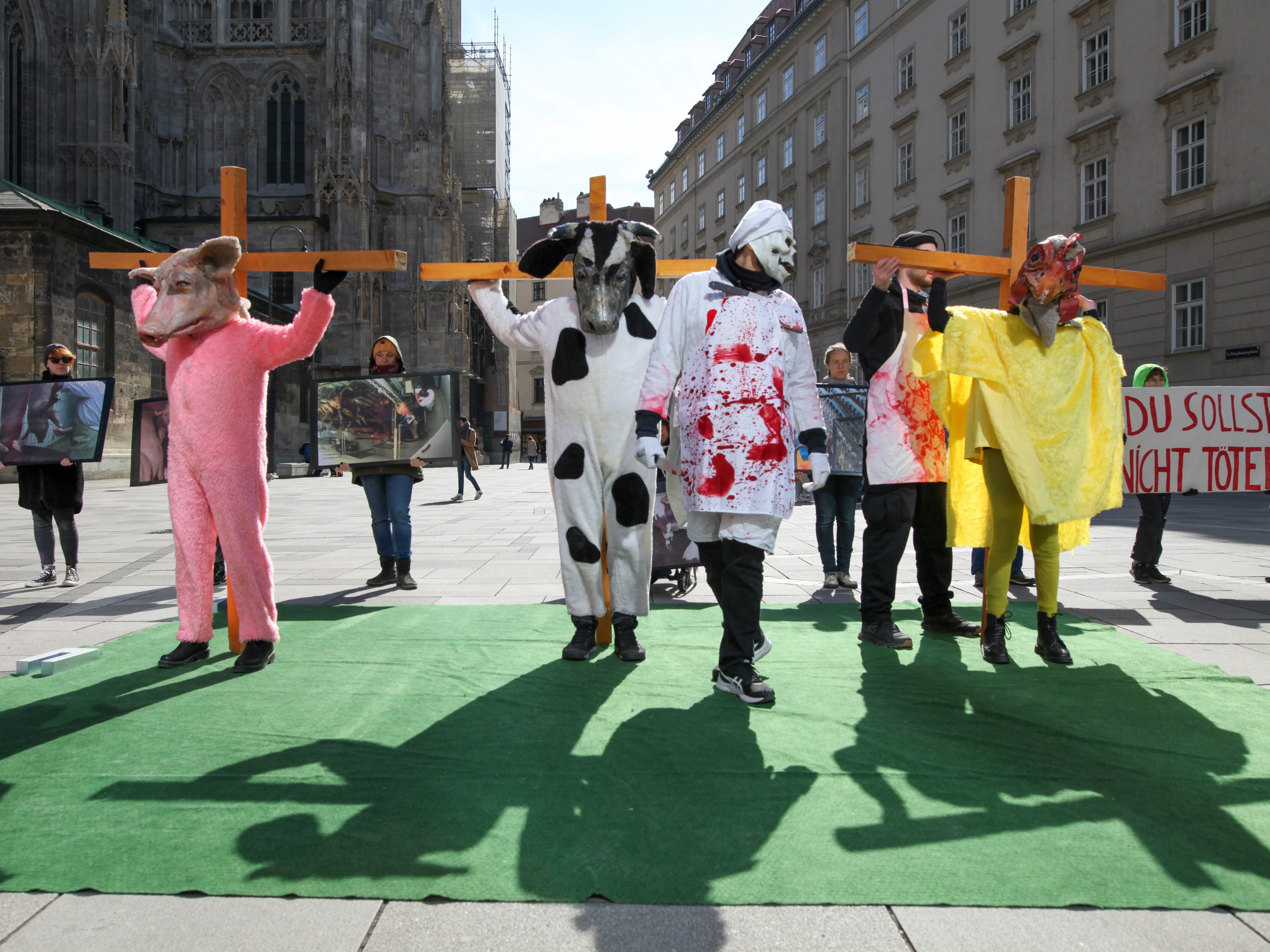 Mit seiner Kreuzweg-Aktion am Wiener Stephansplatz wollte der VGT auf das Leid von Hung, Schwein und Rindern in Mastbetrieben aufmerksam machen. Mit seiner Kreuzweg-Aktion am Wiener Stephansplatz wollte der VGT auf das Leid von Hung, Schwein und Rindern in Mastbetrieben aufmerksam machen.