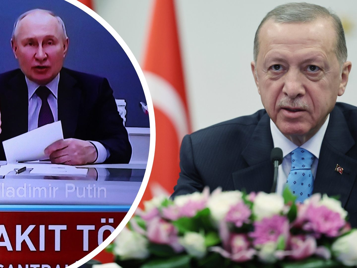 Ein blass wirkender Präsident Erdogan (r.) nahm nur online an AKW-Einweihungszeremonie teil.