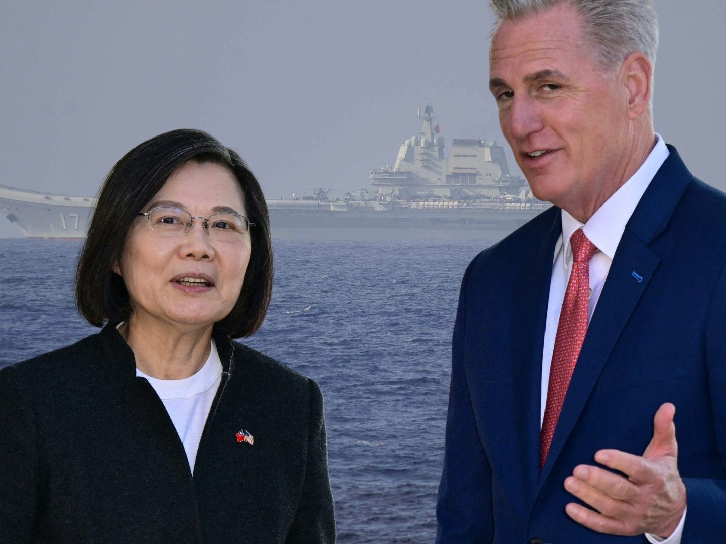 Der Stein des Anstoßes: McCarthy traf Taiwans Präsidentin Tsai Ing-wen. Im Hintergund Chinas Flugzeugträger "Shandong". Der Stein des Anstoßes: McCarthy traf Taiwans Präsidentin Tsai Ing-wen. Im Hintergund Chinas Flugzeugträger "Shandong".