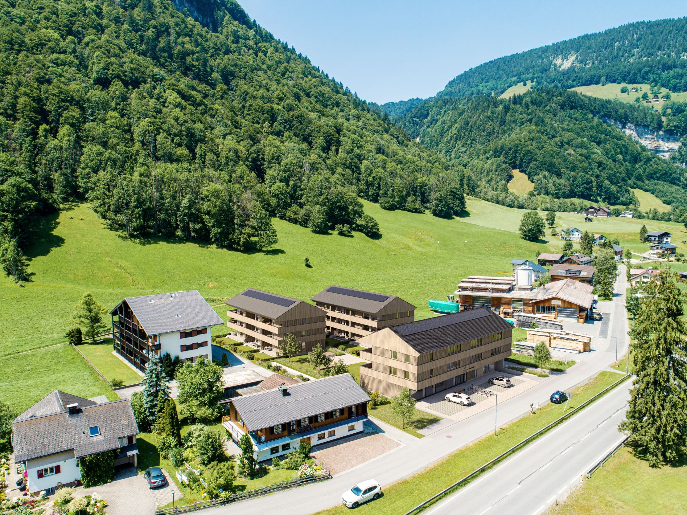 Der Bregenzerwälder Passivhaus-Spezialist Morscher Bauprojekte realisiert im Mellauer Ortsteil In der Mellen 23 Wohnungen, ein Sportgeschäft und seinen neuen Firmensitz in drei Gebäuden. Der Bregenzerwälder Passivhaus-Spezialist Morscher Bauprojekte realisiert im Mellauer Ortsteil In der Mellen 23 Wohnungen, ein Sportgeschäft und seinen neuen Firmensitz in drei Gebäuden.