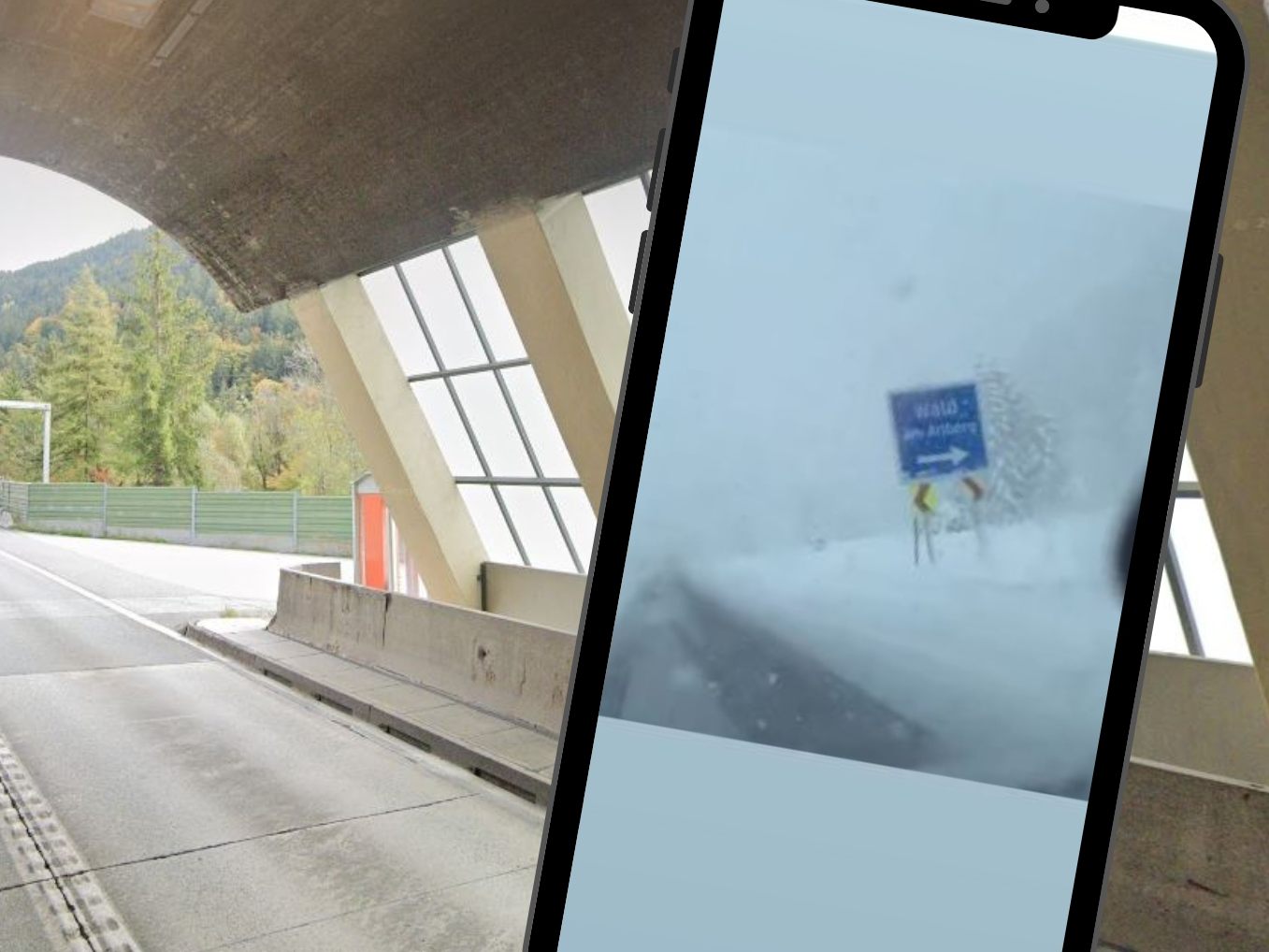 Am Ende des Gasteltobel-Tunnels (großes Bild) wurde der Lkw-Lenker vom Stau aufgrund des Schneefalls am Freitagmorgen (kleines Bild) überrascht.