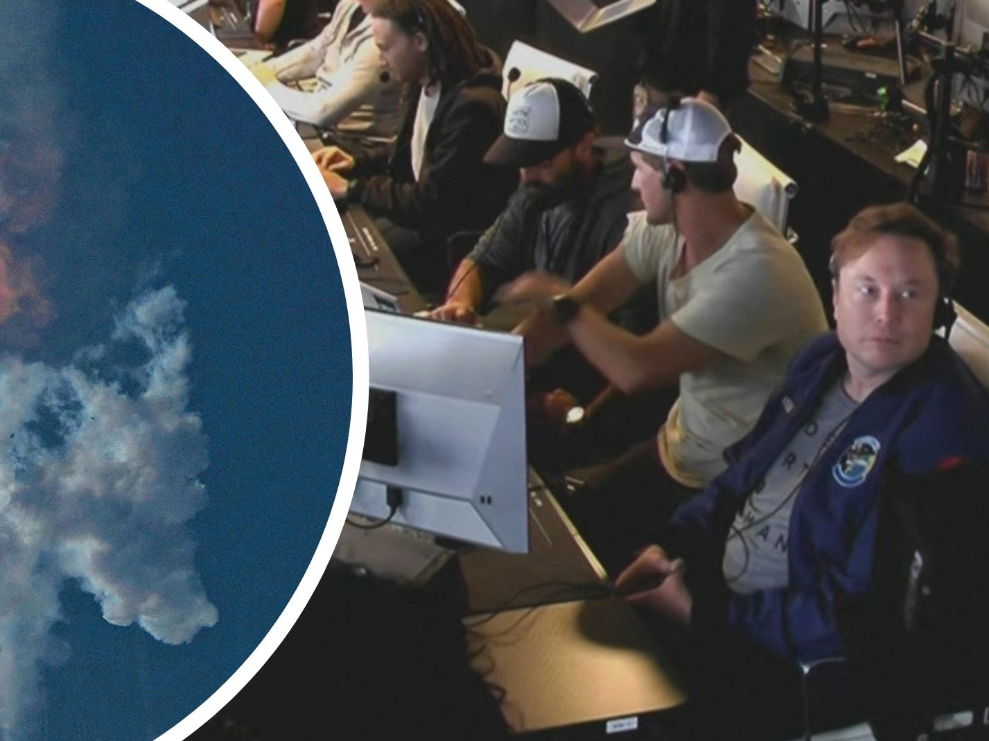 Detonation rund drei Minuten nach gelungenem Start - Elon Musk (r.) gratulierte Team. Detonation rund drei Minuten nach gelungenem Start - Elon Musk (r.) gratulierte Team.