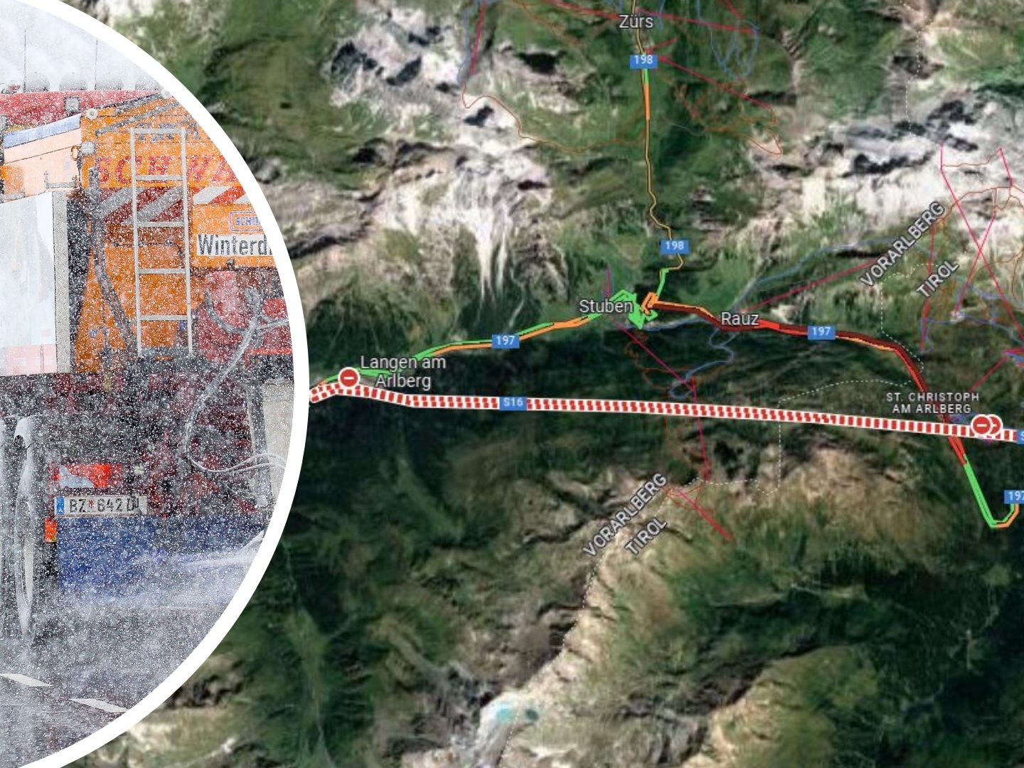 Straßensperre am Arlberg wegen starkem Schneefall.