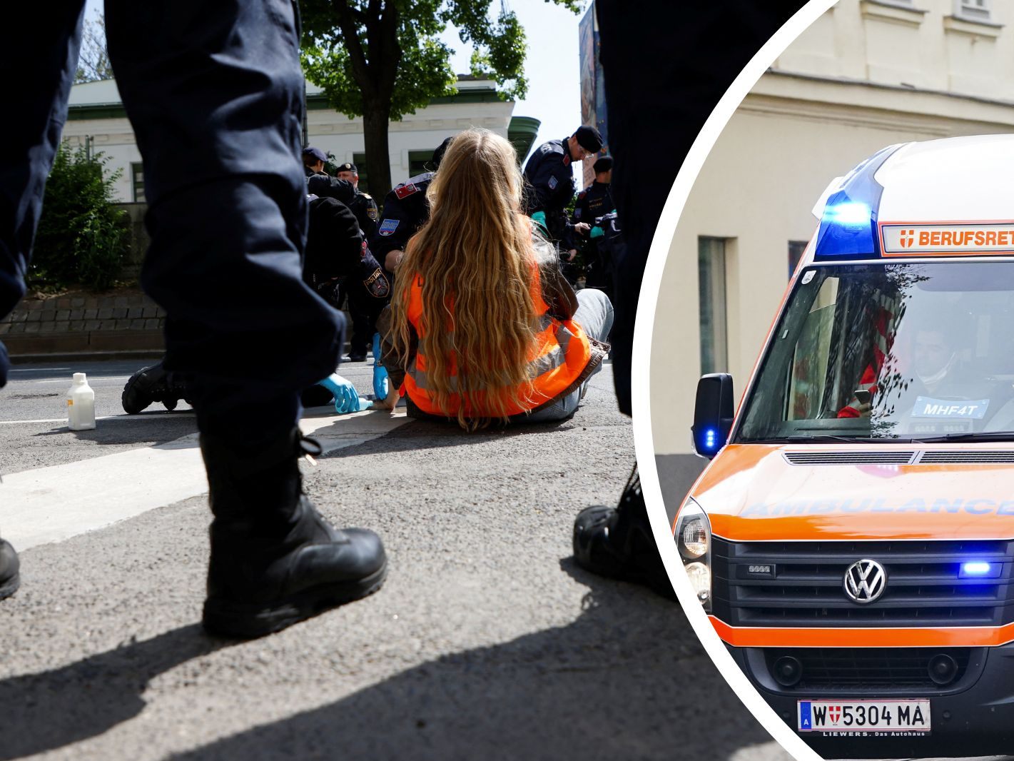 Bei einer Klebe-Aktion der Letzten Generation in Wien kam die Rettung nicht durch die Blockade.