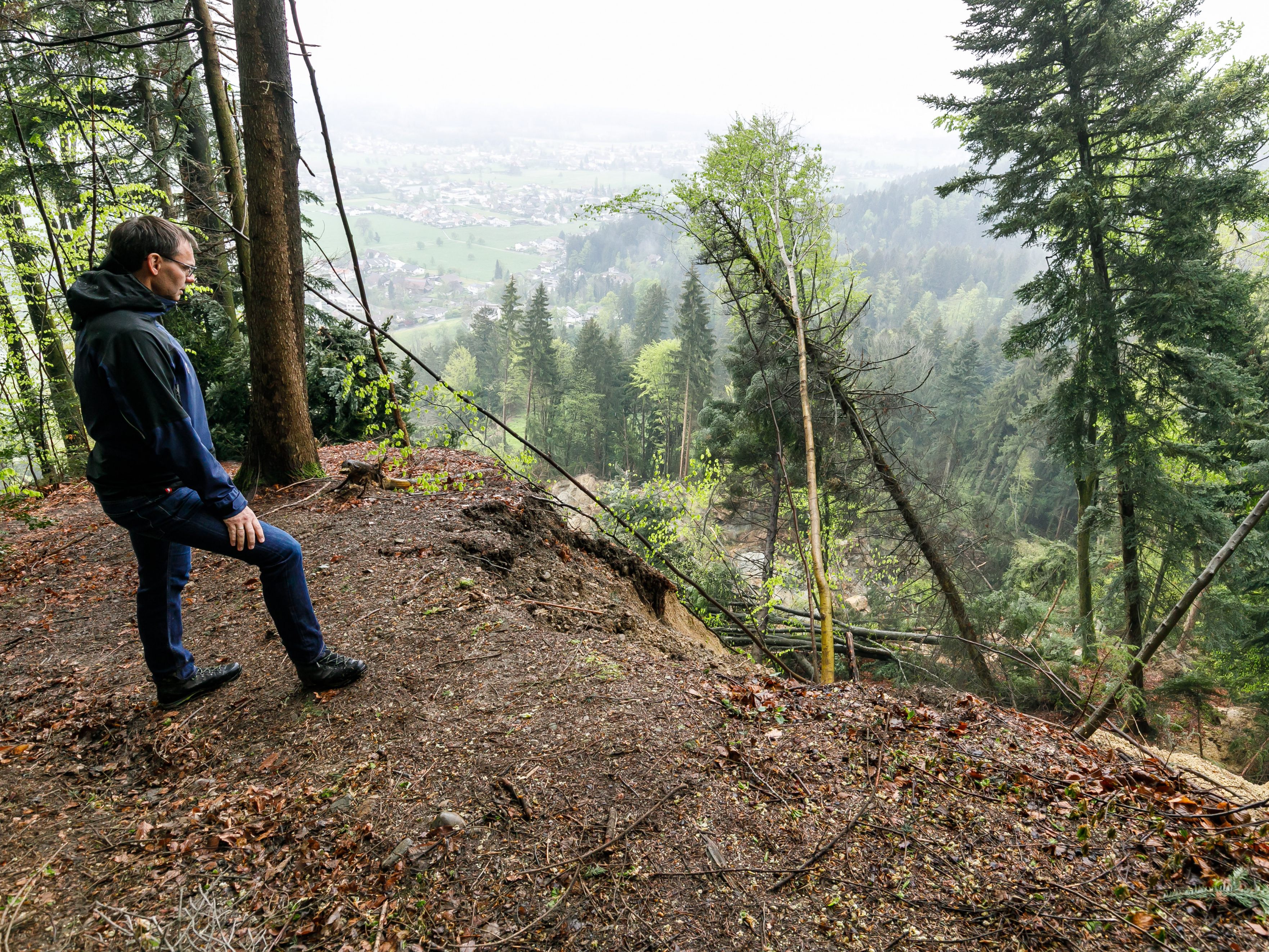 Landeshauptmann Markus Wallner machte sich nach der Hangrutschung in Hörbranz ein Bild vor Ort.