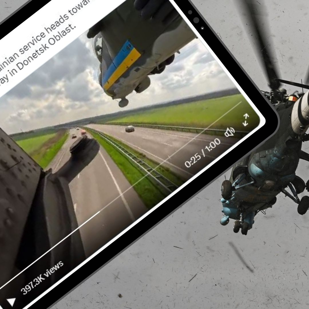 Spektakulär, aber scheinbar niht ungewöhnlich: Ukrainische Kampfhubschrauber im Tiefflug über einer Autobahn.