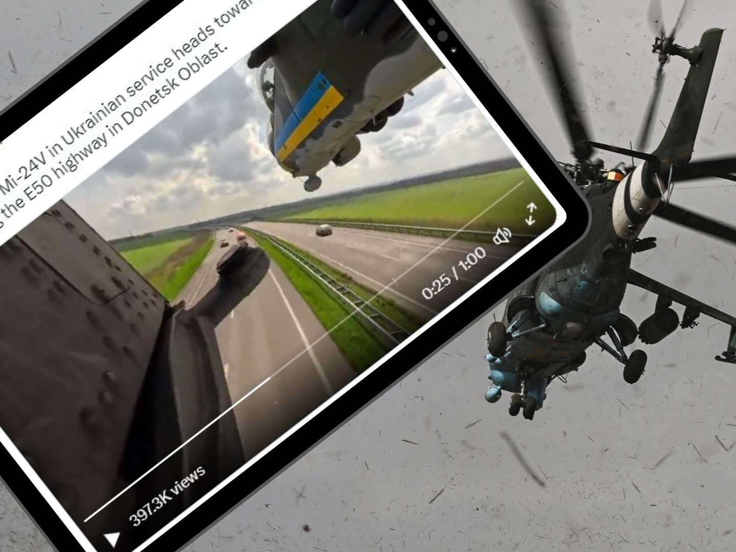 Spektakulär, aber scheinbar niht ungewöhnlich: Ukrainische Kampfhubschrauber im Tiefflug über einer Autobahn. Spektakulär, aber scheinbar niht ungewöhnlich: Ukrainische Kampfhubschrauber im Tiefflug über einer Autobahn.