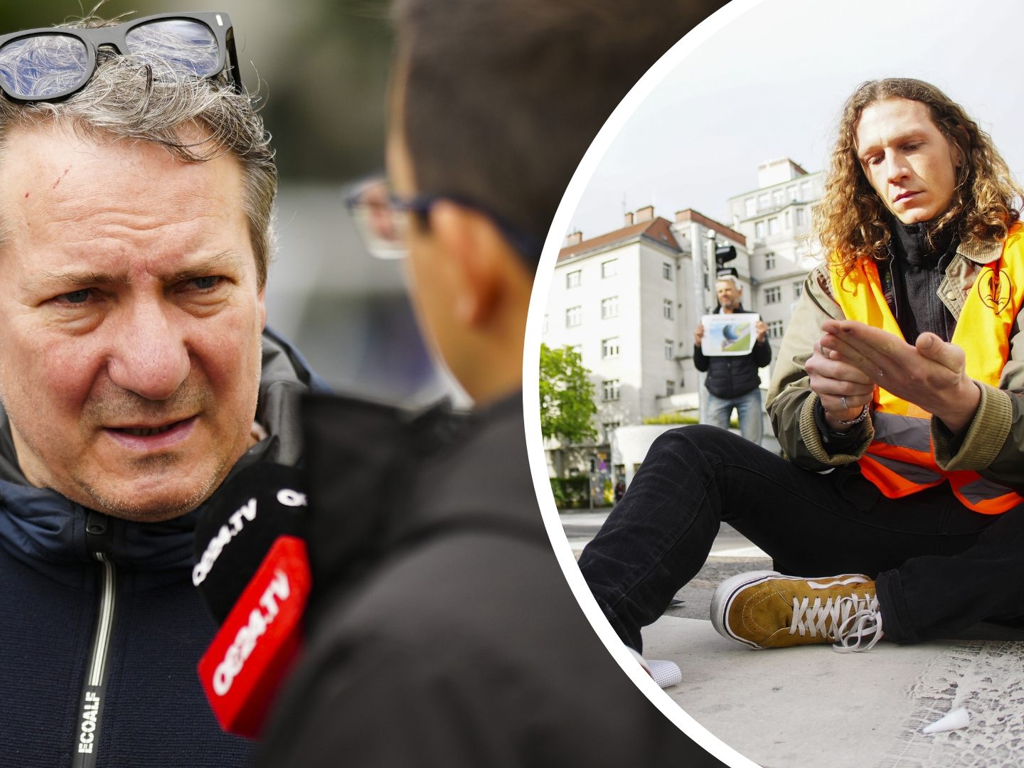 Kabarettist Robert Palfrader demonstrierte am Montag mit Kollegen und "Letzte Generation"-Aktivisten am Montagmorgen in Wien.