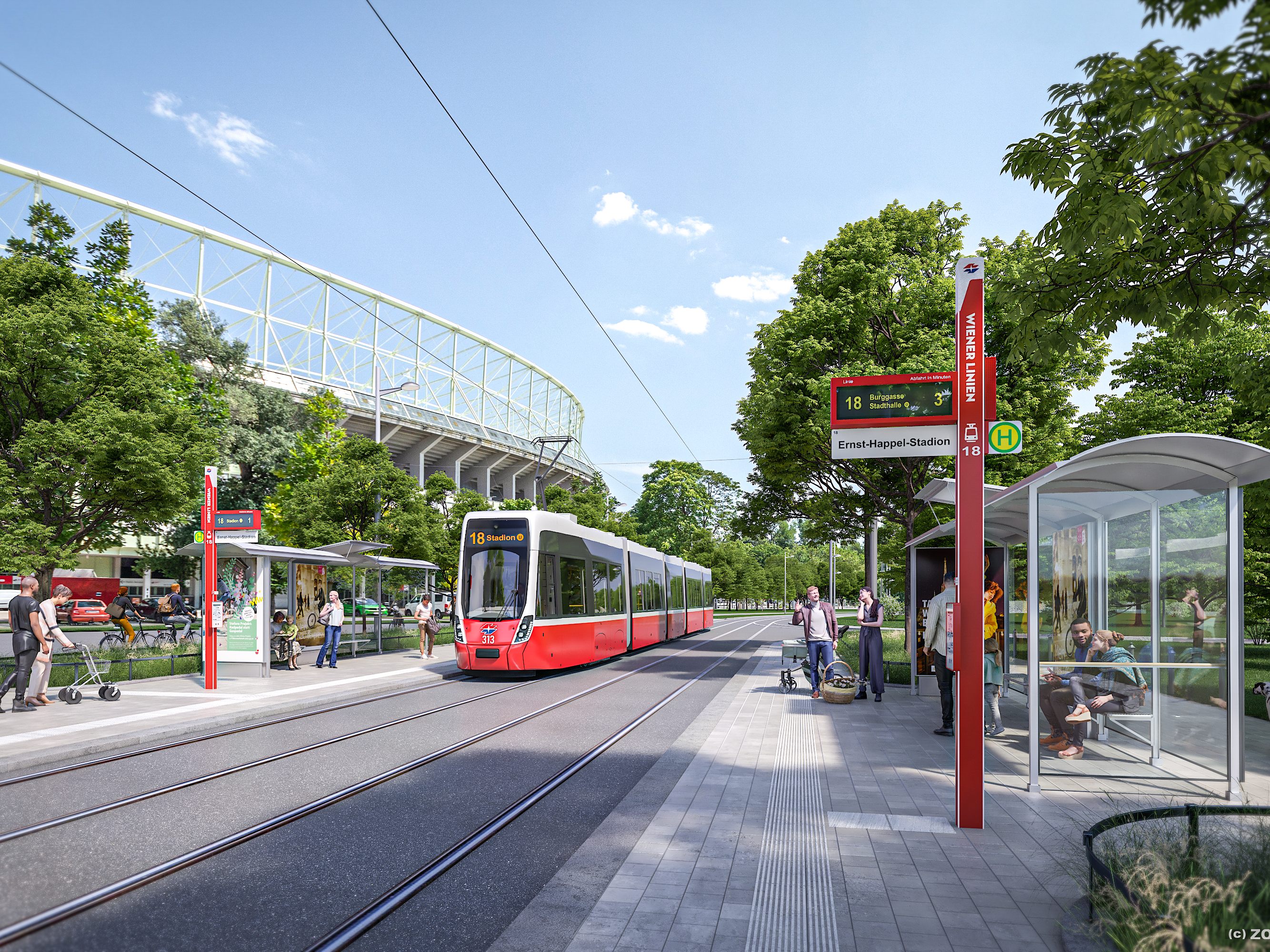 Die Wiener Straßenbahnlinie 18 fährt künftig bis zum Ernst-Happel-Stadion. Die Wiener Straßenbahnlinie 18 fährt künftig bis zum Ernst-Happel-Stadion.