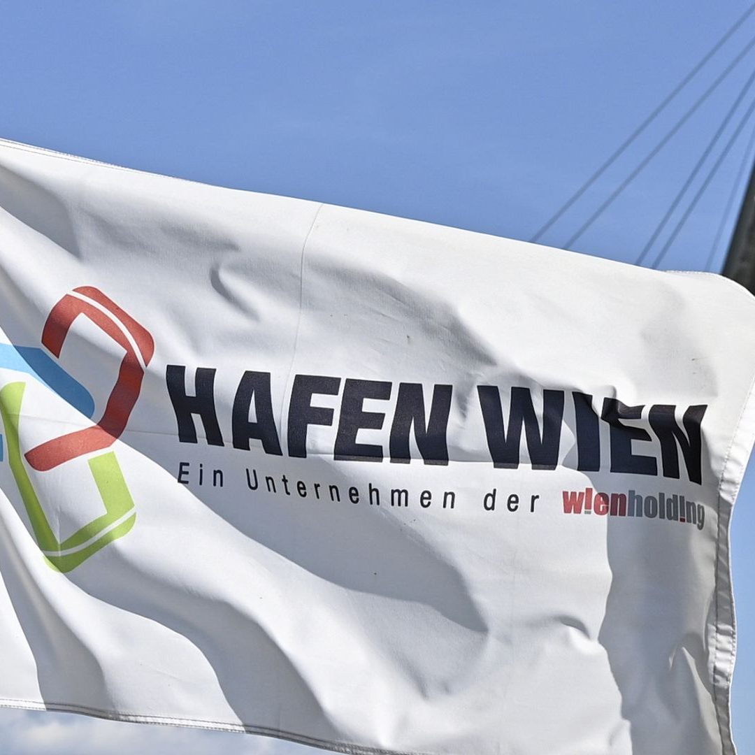 "Hafen Wien" ist auf einer Fahne zu sehen.