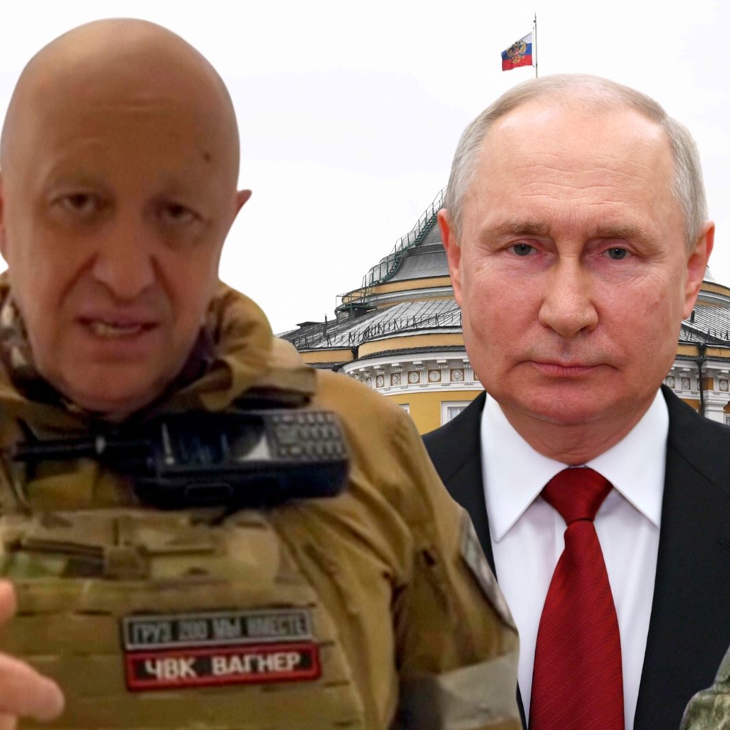 In Russland spielt sich ein MAchtkampf zwischen Prigoschin (l.), Putin (m.) und Schoigu (r.) ab.