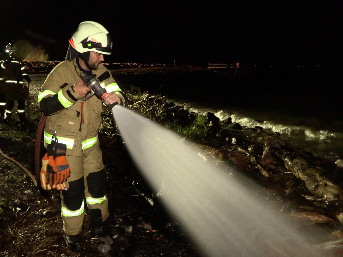 In der Nacht mussten die Einsatzkräfte zu einem Flächenbrand am Rheindamm ausrücken.