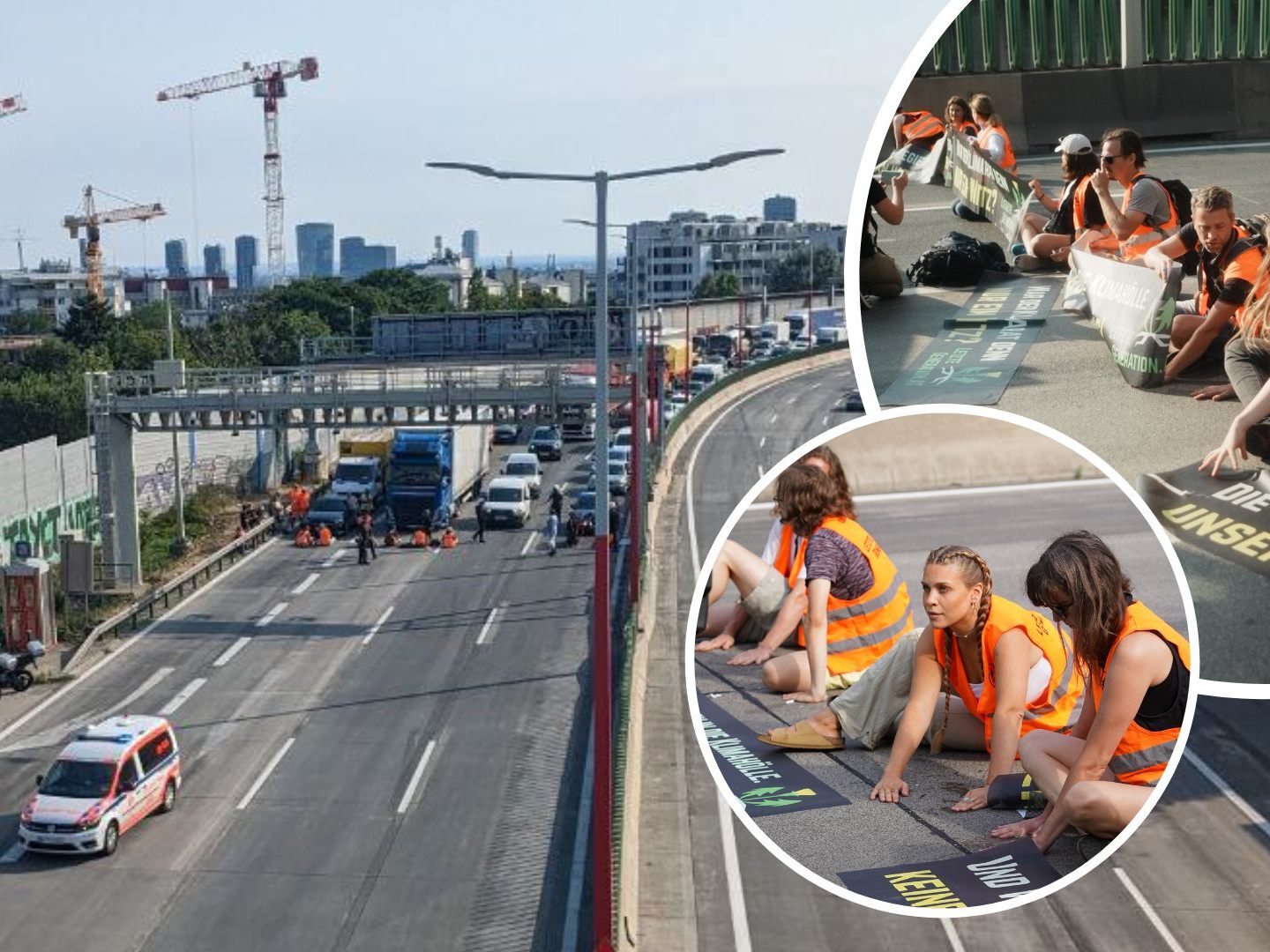 Die Aktivisten klebten sich auf die A23 und weitere Wiener Straßen. Die Aktivisten klebten sich auf die A23 und weitere Wiener Straßen.